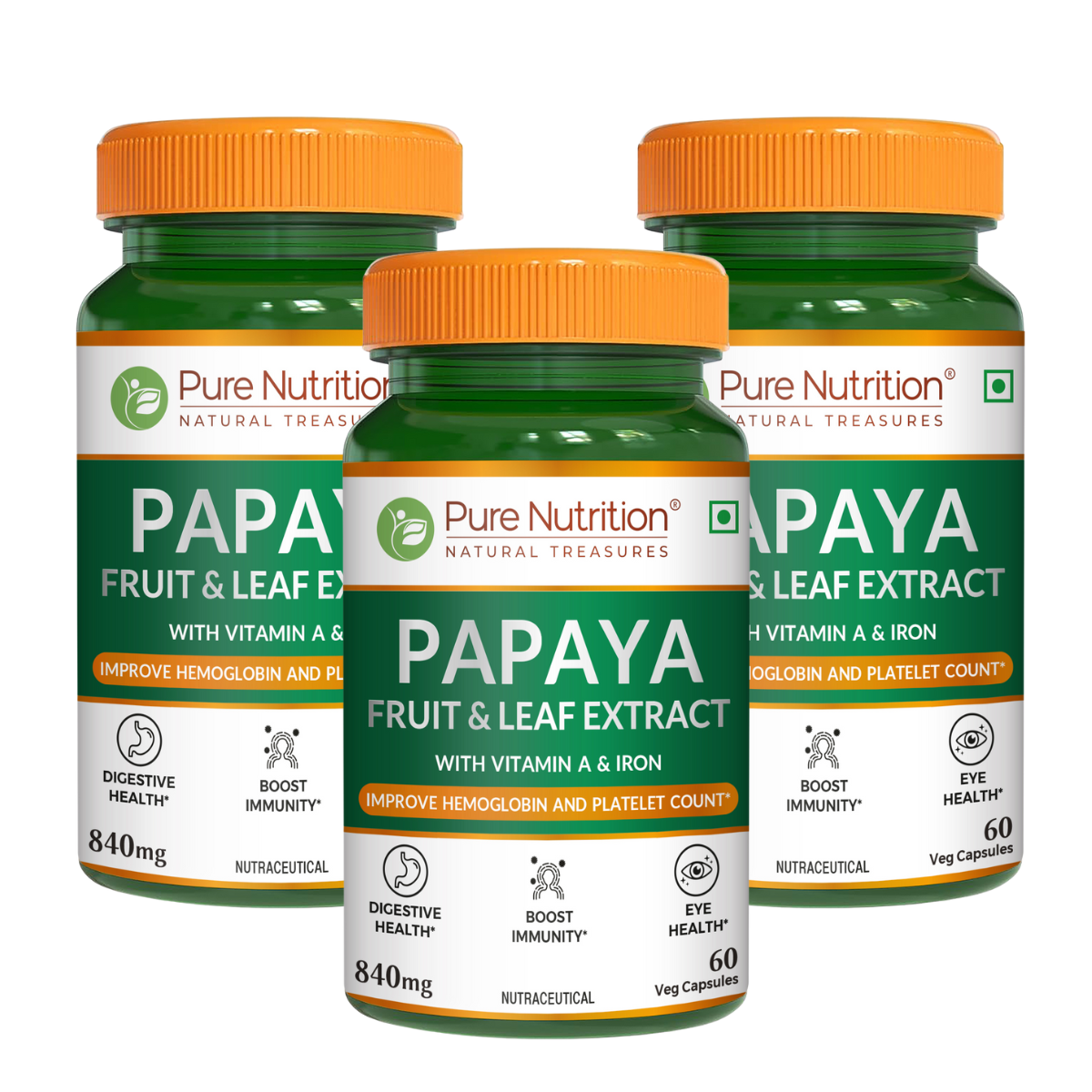 Pack of three Pure Nutrition Papaya Fruit & Leaf Extract tablets for long-term daily use.
