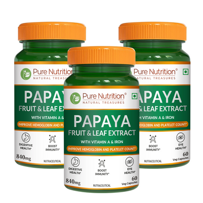 Pack of three Pure Nutrition Papaya Fruit & Leaf Extract tablets for long-term daily use.
