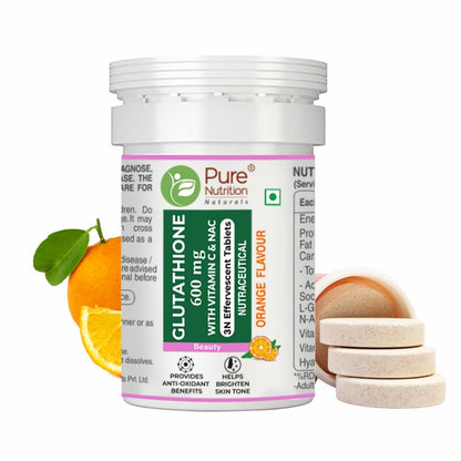 Pure Nutrition L Glutathione 600mg 3 Effervescent Tablets with Vitamin C, Saffron - Orange Flavour