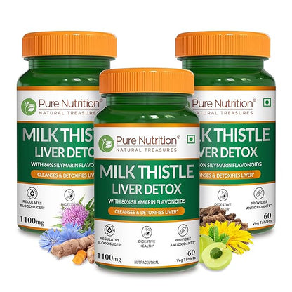 Milk Thistle Liver Detox - 60 Veg Tablets with 80% Silymarin Flavonoids for Liver Health