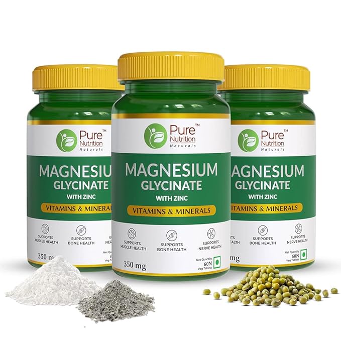 Magnesium Glycinate + Zinc, 60 Veg Tablets | For Bone, Muscle & Nerve Health l Better Relaxation & Sleep Quality | Helps Ease Period Cramps | Supports Stress Relief & Heart Health