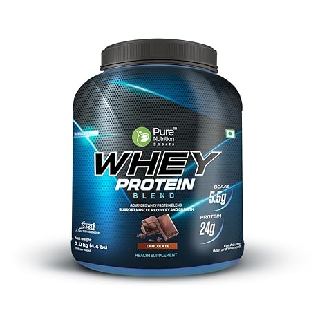 Pure Nutrition Whey Protein Blend (Isolate + Concentrate), 24g Protein, 5.5g BCAA per Serving | Supplement Powder for Men & Women for Muscle Recovery & Growth, Chocolate Flavour, 2Kg, 60 Servings