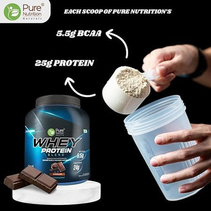 Pure Nutrition Whey Protein Blend (Isolate + Concentrate), 24g Protein, 5.5g BCAA per Serving | Supplement Powder for Men & Women for Muscle Recovery & Growth, Chocolate Flavour, 2Kg, 60 Servings