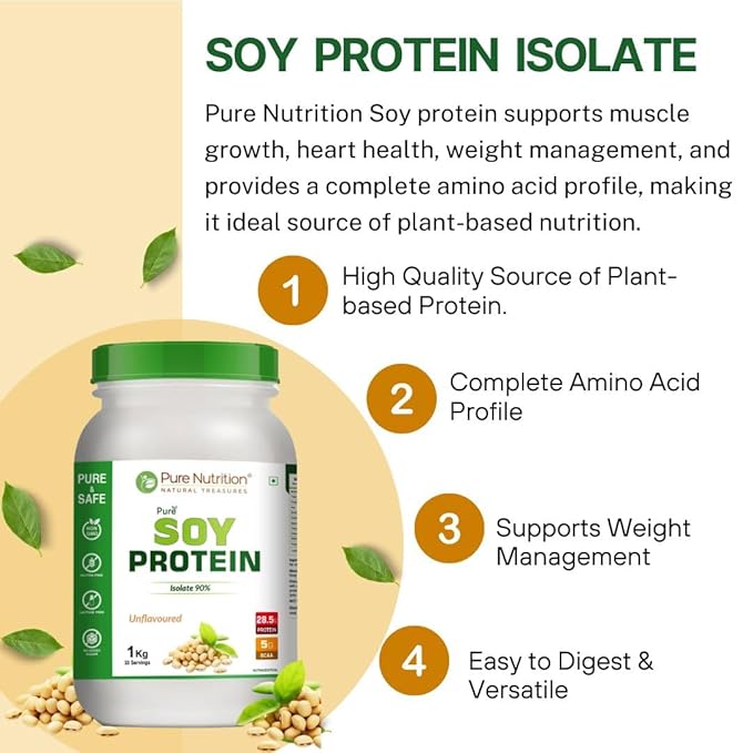 Pure Nutrition Soy Protein Powder, 100% Pure - 1kg | Isolate 90%, Unflavoured - For Muscle Growth, Recovery, and Overall Health.