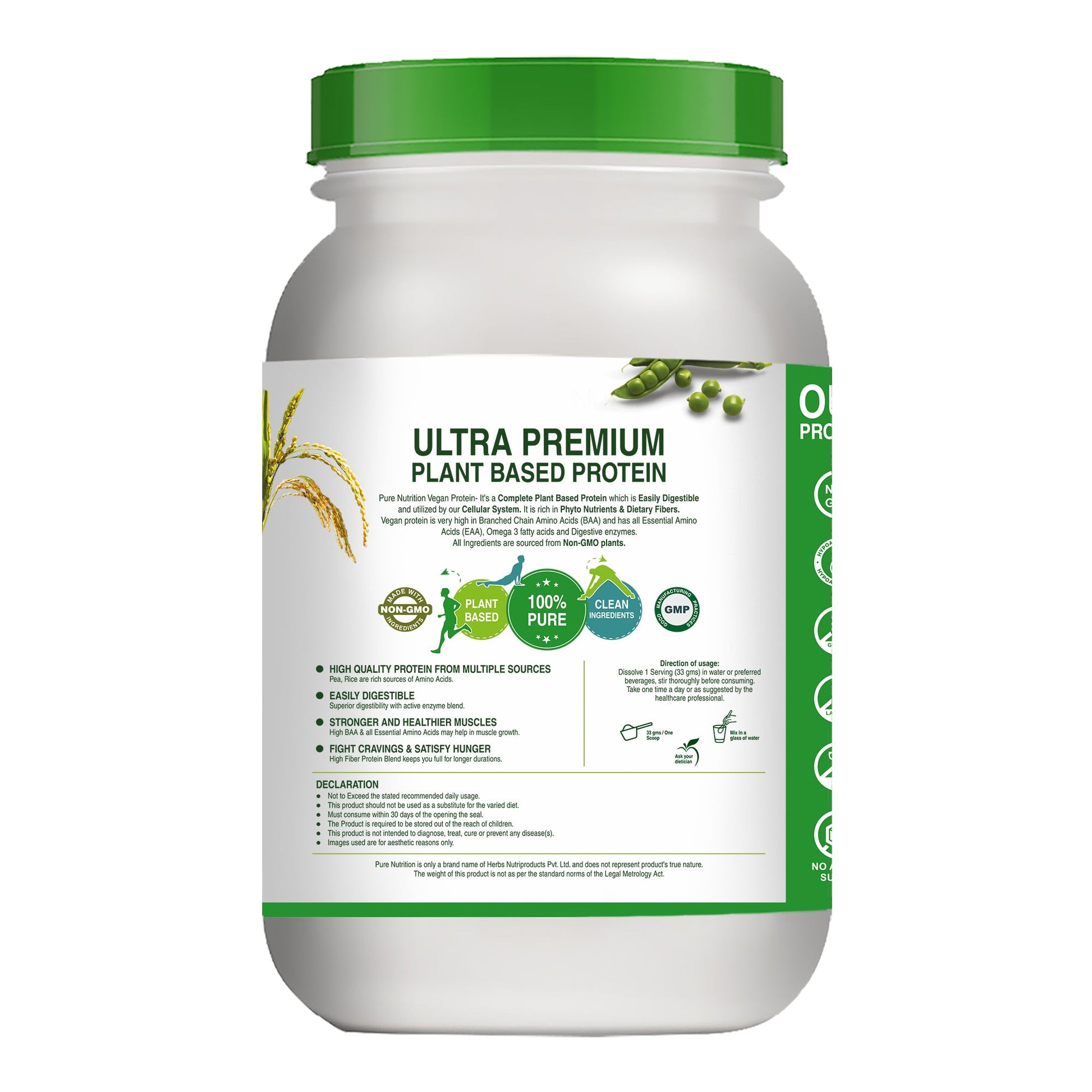 Back label of plant-based vegan protein powder highlighting premium ingredients, clean formula, nutritional benefits, and product information.