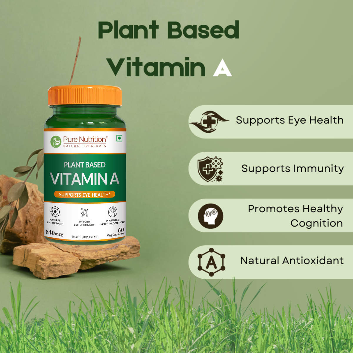 Plant Based Vitamin A - 60 Veg Capsules | Supports Eye Health, Immunity, and Antioxidant Defense