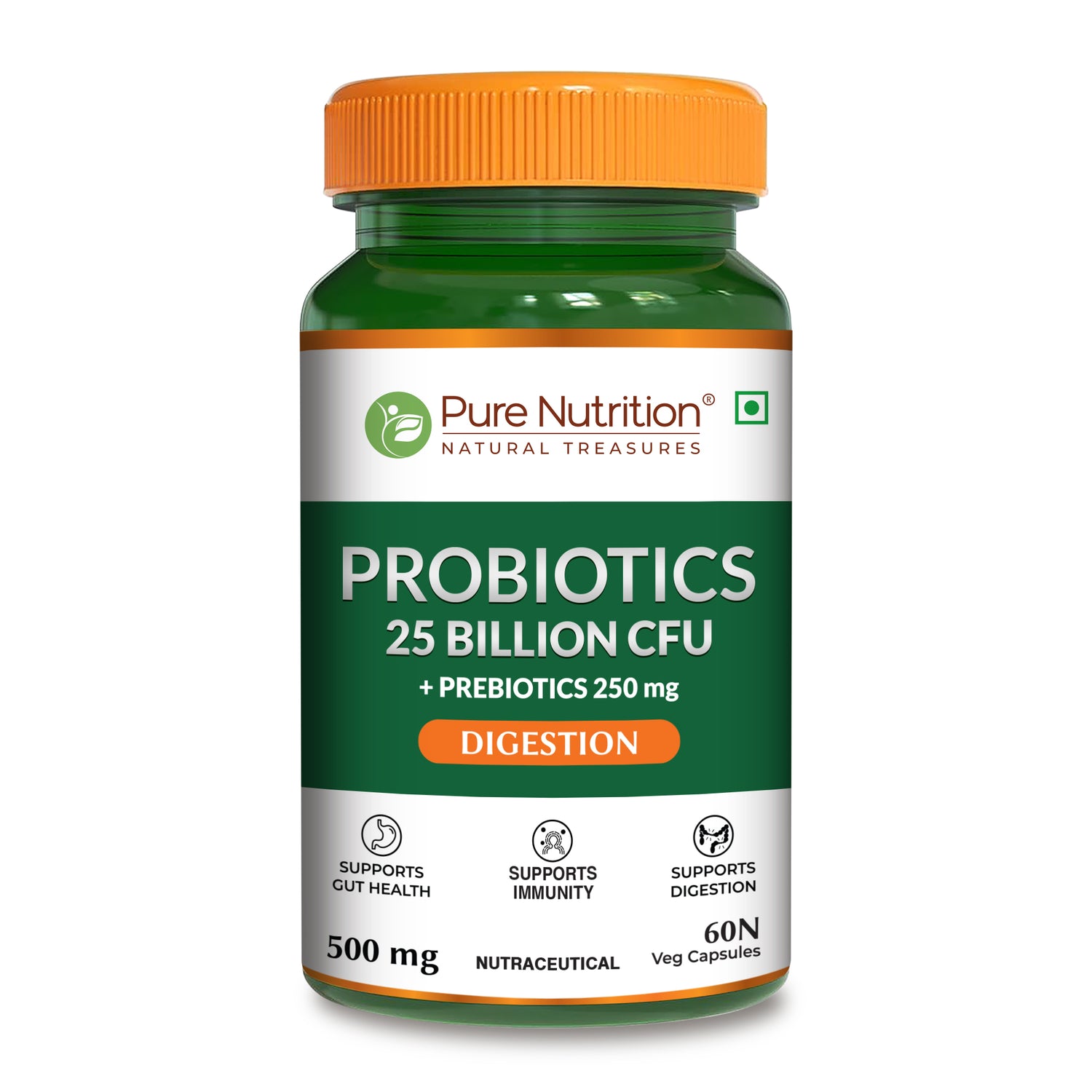 Front view of Pure Nutrition Probiotics 25 Billion CFU with 250 mg prebiotics, formulated to support gut health, healthy digestion, nutrient absorption, and immune function.
