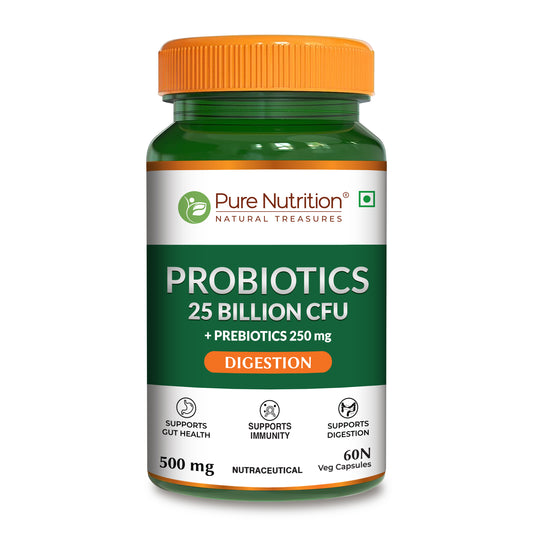 Front view of Pure Nutrition Probiotics 25 Billion CFU with 250 mg prebiotics, formulated to support gut health, healthy digestion, nutrient absorption, and immune function.
