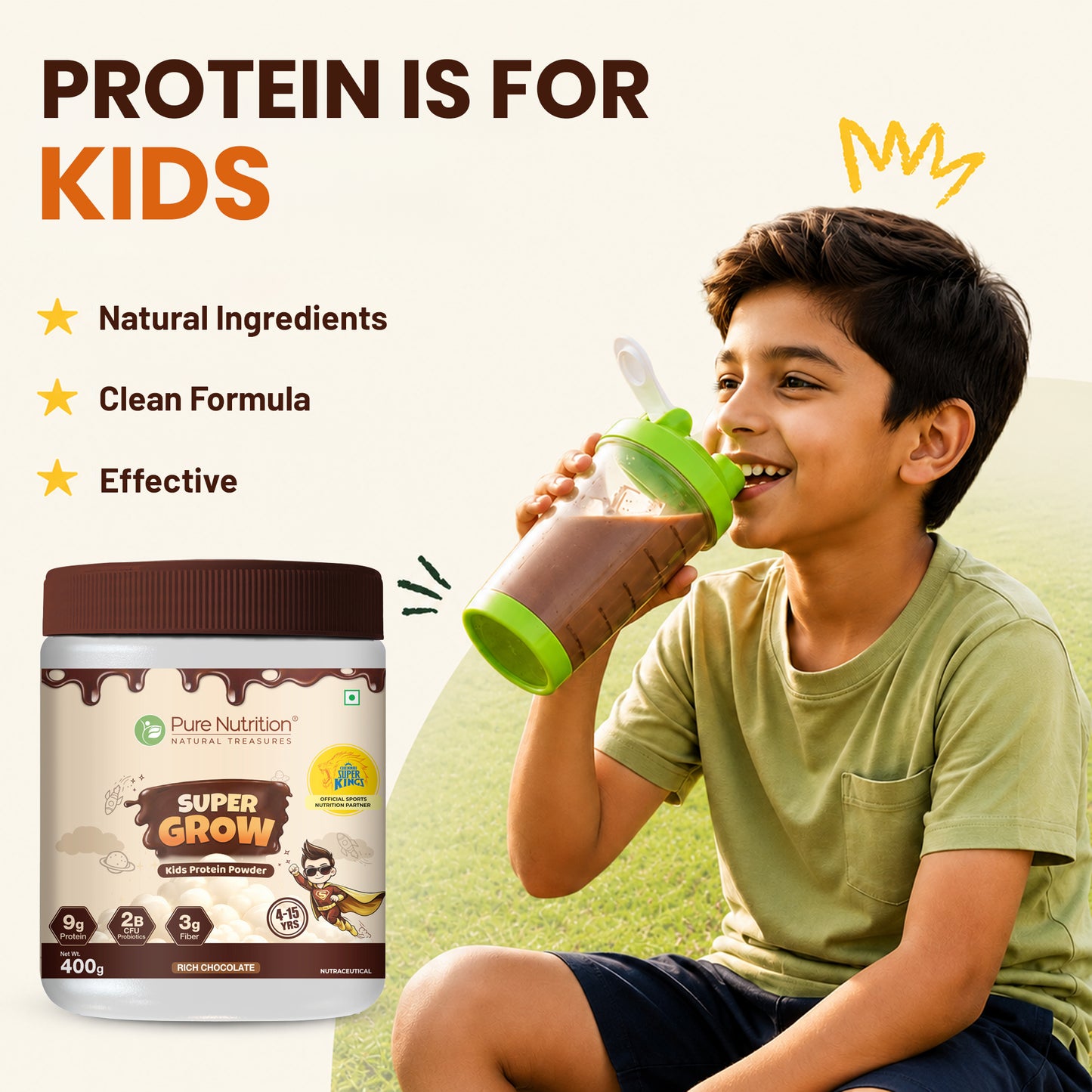 Boy drinking a chocolate protein shake made with kids protein powder to support healthy growth, nutrition, and active lifestyles.