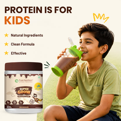 Boy drinking a chocolate protein shake made with kids protein powder to support healthy growth, nutrition, and active lifestyles.