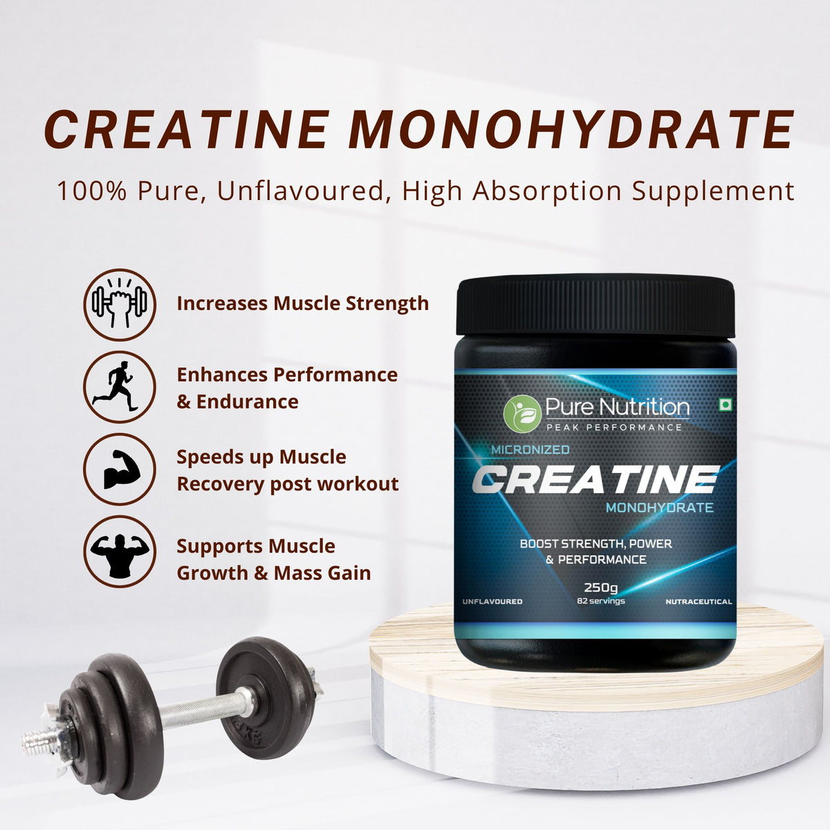 Infographic detailing Pure Nutrition Creatine benefits: increases strength, enhances endurance, speeds recovery, and supports growth.