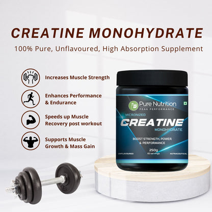 Infographic detailing Pure Nutrition Creatine benefits: increases strength, enhances endurance, speeds recovery, and supports growth.
