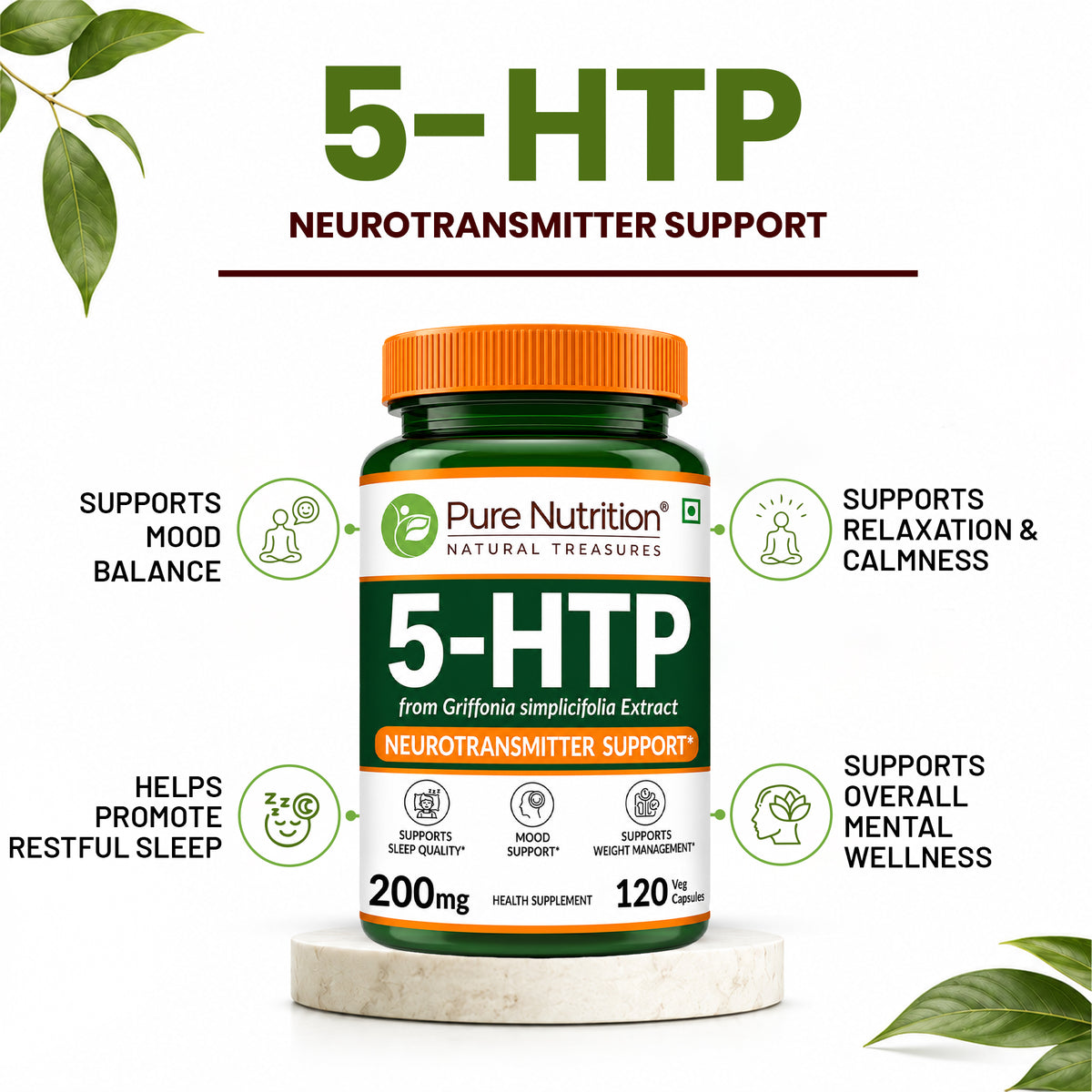 Pure Nutrition 5-HTP capsule bottle highlighting neurotransmitter support, mood balance, and restful sleep