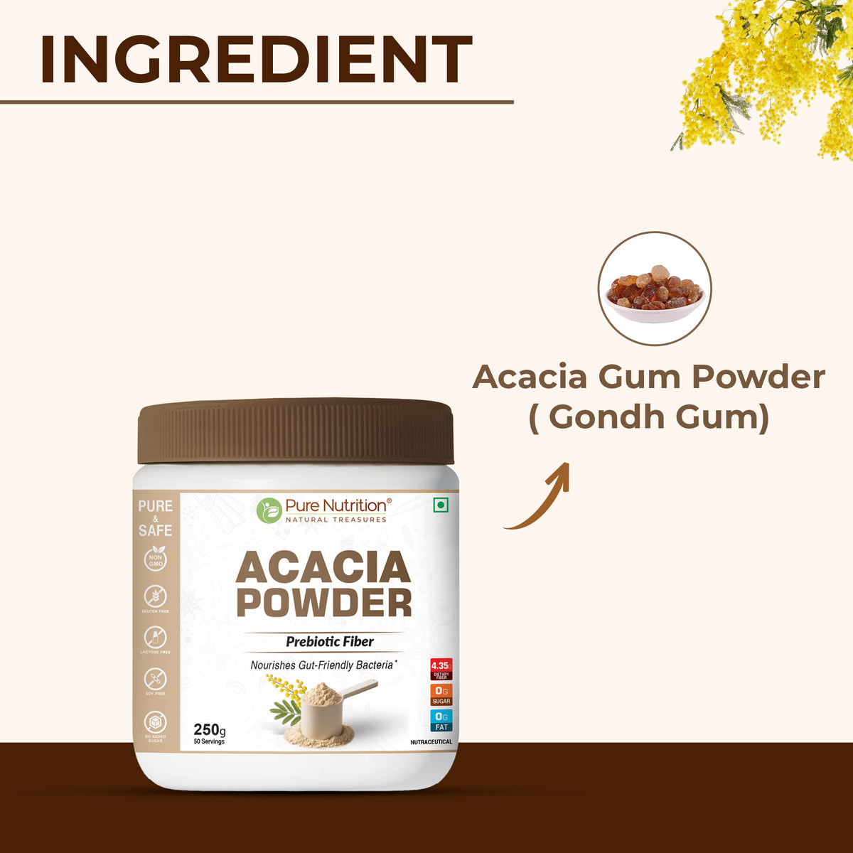 Acacia gum powder, also known as gondh gum, used in Pure Nutrition Acacia Powder