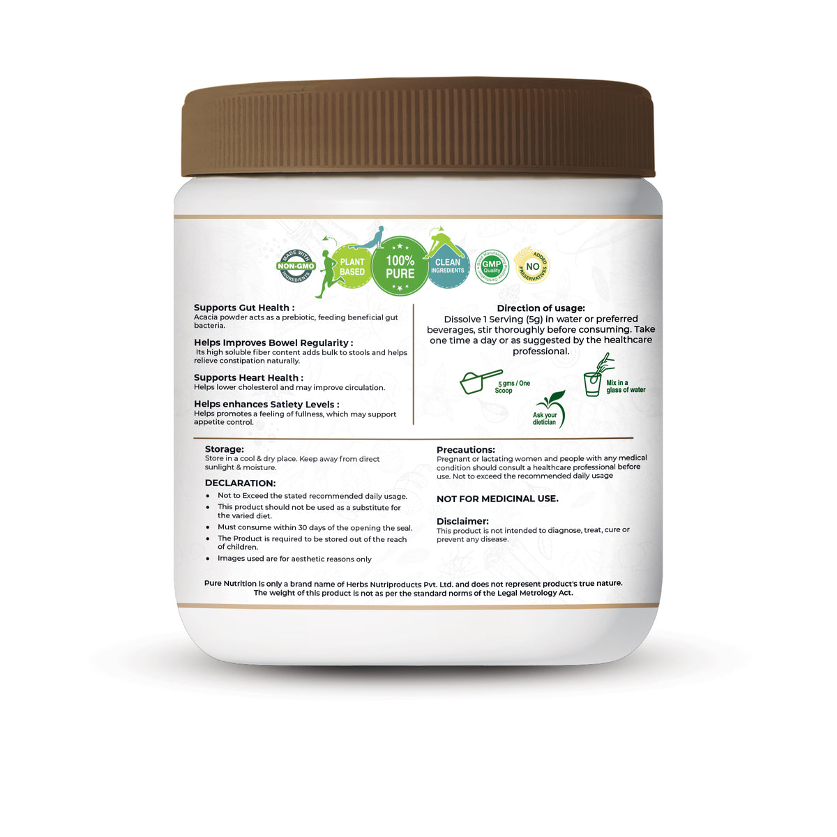 Pure Nutrition Acacia Powder back label with usage, storage, and precautions