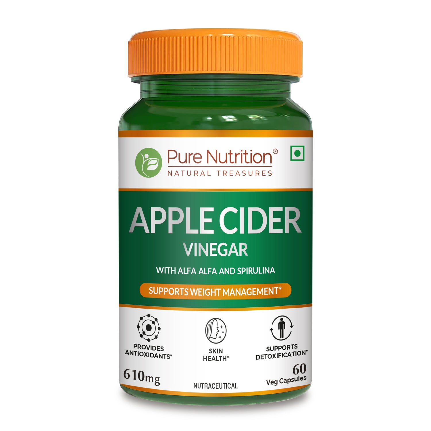 Pure Nutrition Apple Cider Vinegar 610mg capsules with alfalfa, spirulina and wheatgrass for weight management, detox support and antioxidant benefits.