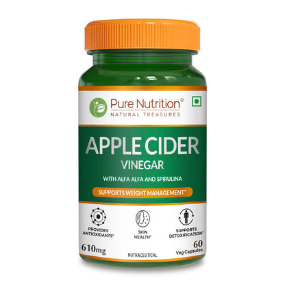 Pure Nutrition Apple Cider Vinegar 610mg capsules with alfalfa, spirulina and wheatgrass for weight management, detox support and antioxidant benefits.