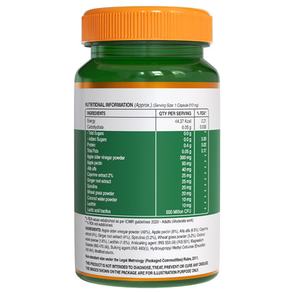Back label of Pure Nutrition Apple Cider Vinegar capsules displaying nutritional facts, ingredients, dosage and product information.