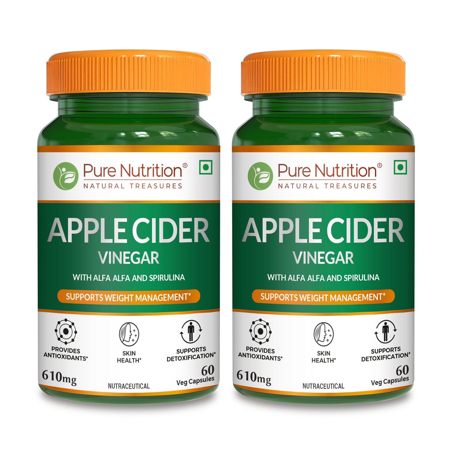 Two bottles of Pure Nutrition Apple Cider Vinegar 610mg capsules with alfalfa and spirulina for daily wellness support.