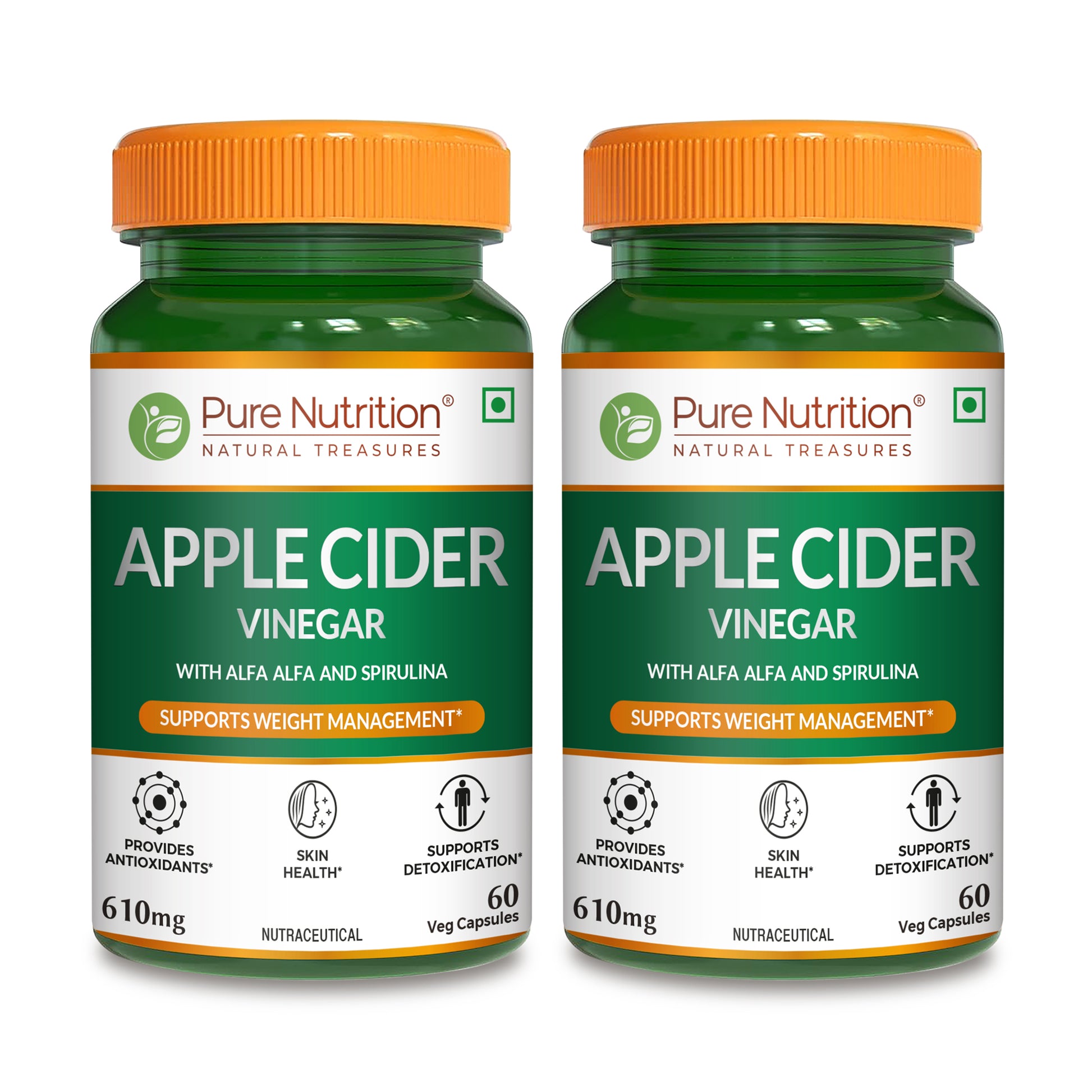 Two bottles of Pure Nutrition Apple Cider Vinegar 610mg capsules with alfalfa and spirulina for daily wellness support.