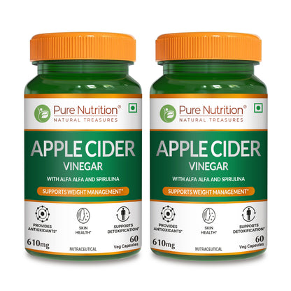 Two bottles of Pure Nutrition Apple Cider Vinegar 610mg capsules with alfalfa and spirulina for daily wellness support.