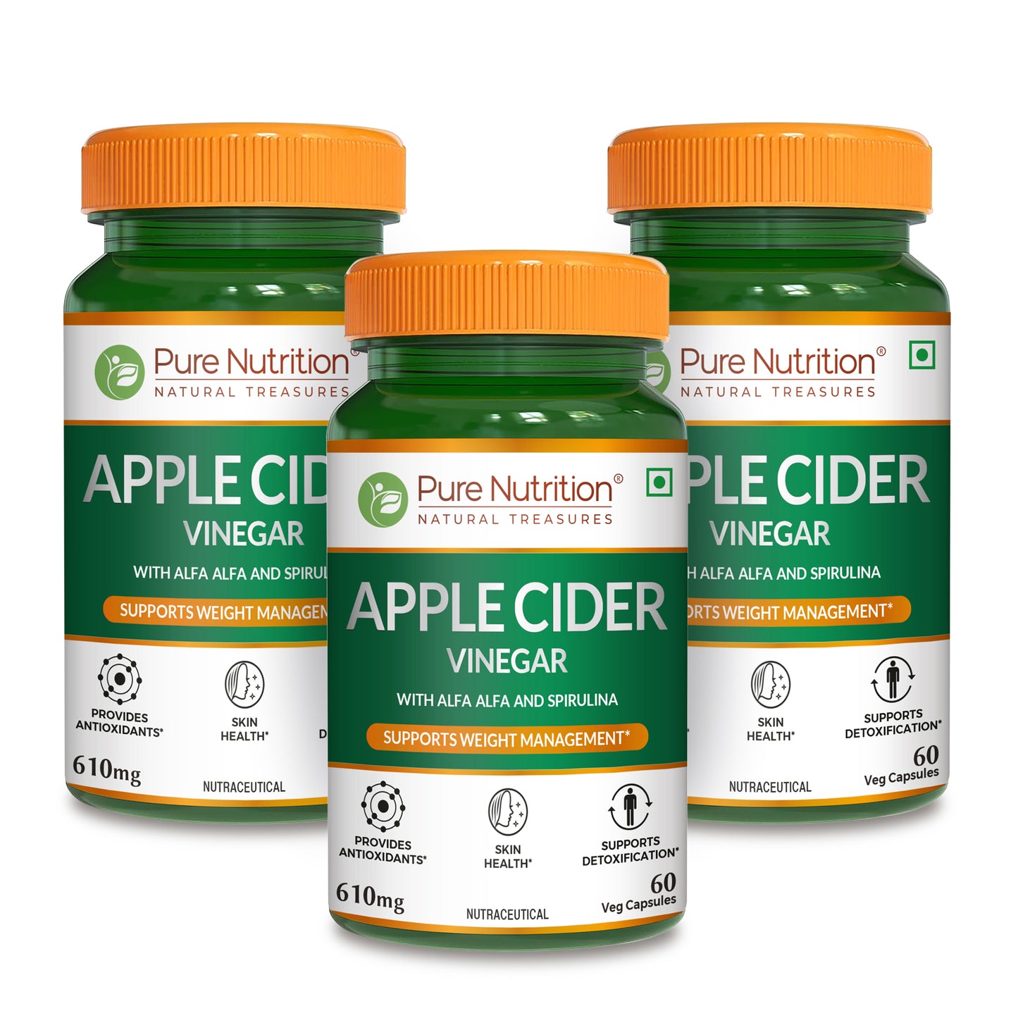 Three bottles of Pure Nutrition Apple Cider Vinegar capsules formulated with alfalfa, spirulina and wheatgrass.