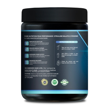 Back label of Pure Nutrition Citrulline Malate showing benefits and usage instructions.