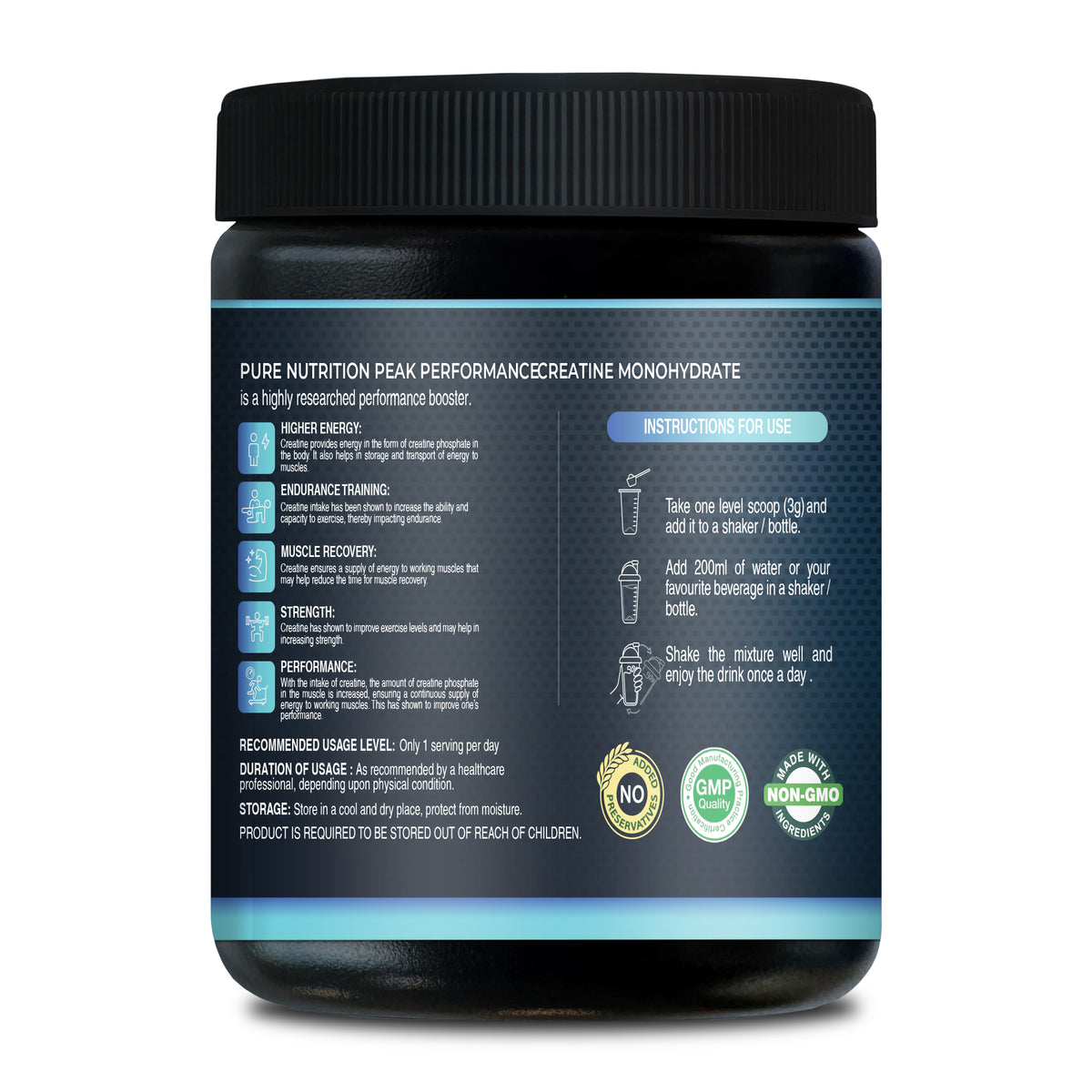 Pure Nutrition Creatine back label detailing performance benefits, usage instructions, and non-GMO, GMP quality badges.