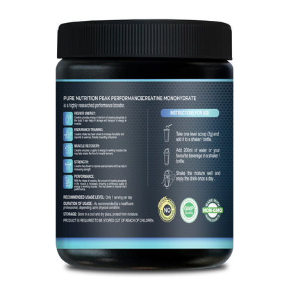 Pure Nutrition Creatine back label detailing performance benefits, usage instructions, and non-GMO, GMP quality badges.