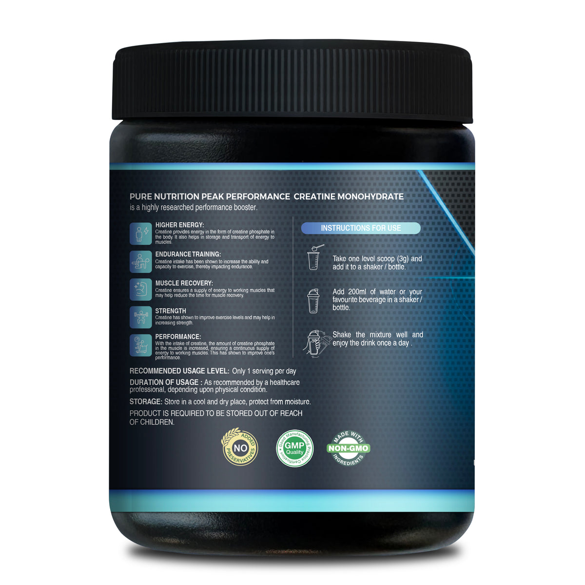 Back label of Pure Nutrition Creatine showing benefits, instructions for use, and recommended dosage of 1 scoop per day.