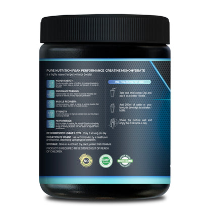 Back label of Pure Nutrition Creatine showing benefits, instructions for use, and recommended dosage of 1 scoop per day.