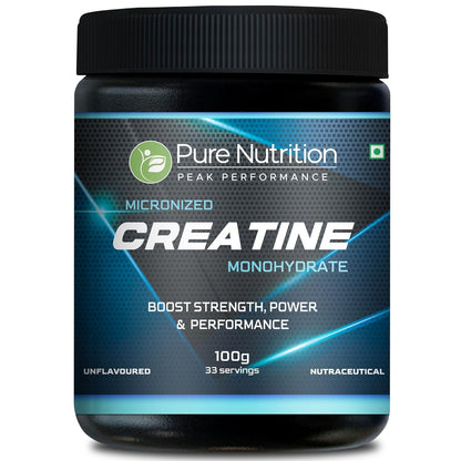 Pure Nutrition Micronized Creatine Monohydrate 100g jar. Unflavoured, with 33 servings to boost strength and power.