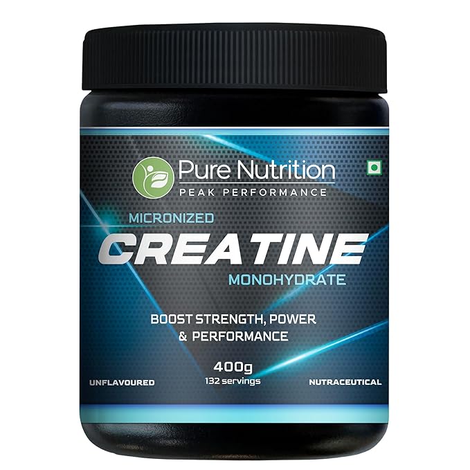 Pure Nutrition Micronized Creatine Monohydrate 400g jar. Unflavoured supplement with 132 servings for peak performance.