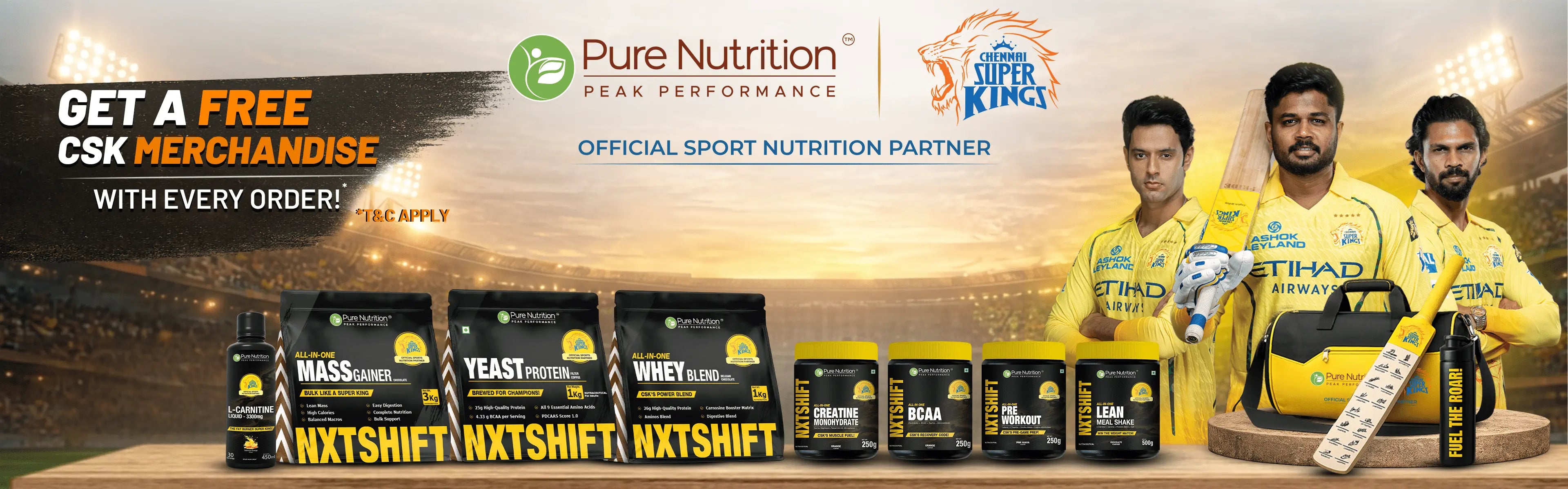 Promotional banner of Pure Nutrition sports supplements featuring Chennai Super Kings players and a free CSK merchandise offer with products like whey protein, mass gainer, creatine, and BCAA displayed in a stadium background.
