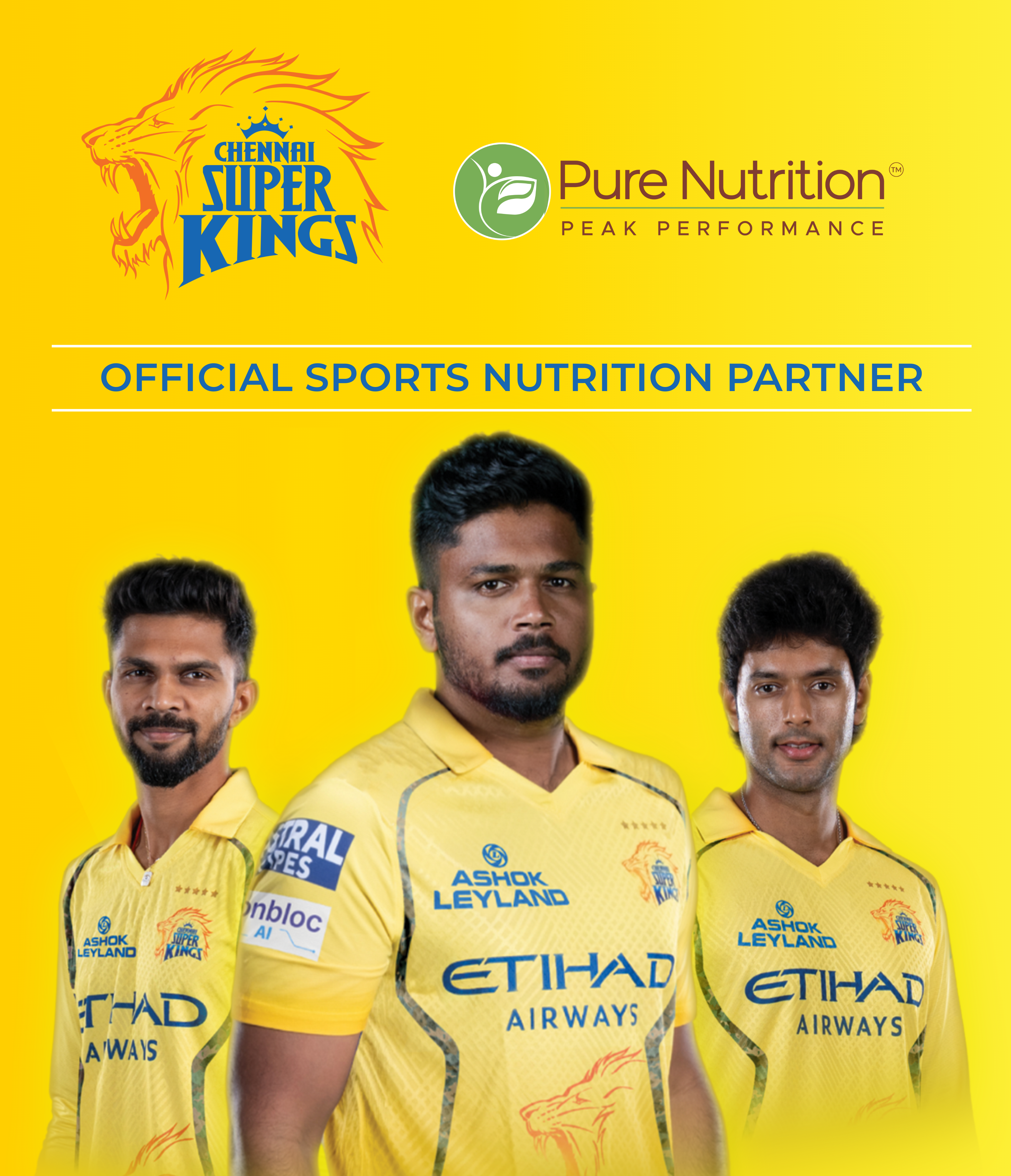 Chennai Super Kings (CSK) official sports nutrition partner banner by Pure Nutrition featuring CSK players.
