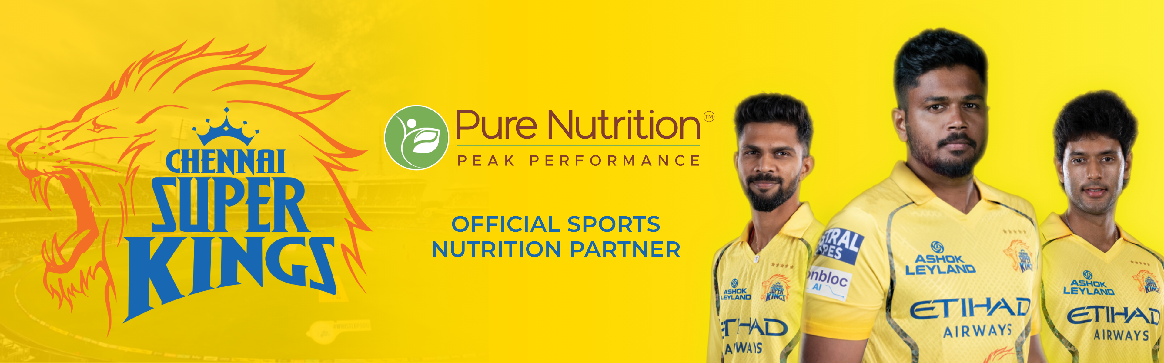 Chennai Super Kings (CSK) official sports nutrition partner banner by Pure Nutrition featuring CSK players.