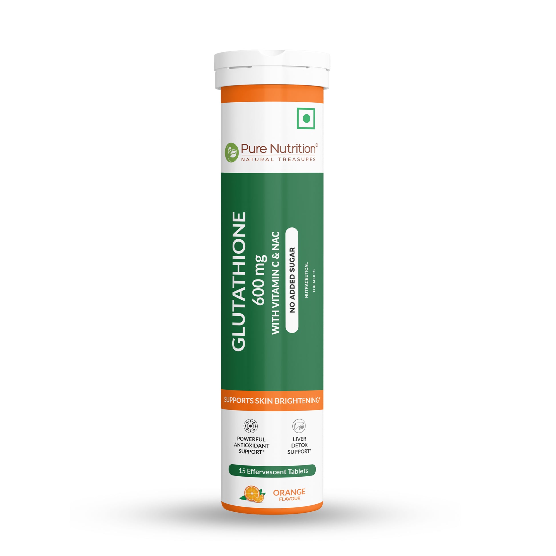 Front view of Pure Nutrition Glutathione 600mg effervescent tablets with Vitamin C and NAC for skin brightening, antioxidant and liver support.