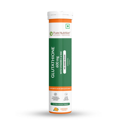 Front view of Pure Nutrition Glutathione 600mg effervescent tablets with Vitamin C and NAC for skin brightening, antioxidant and liver support.