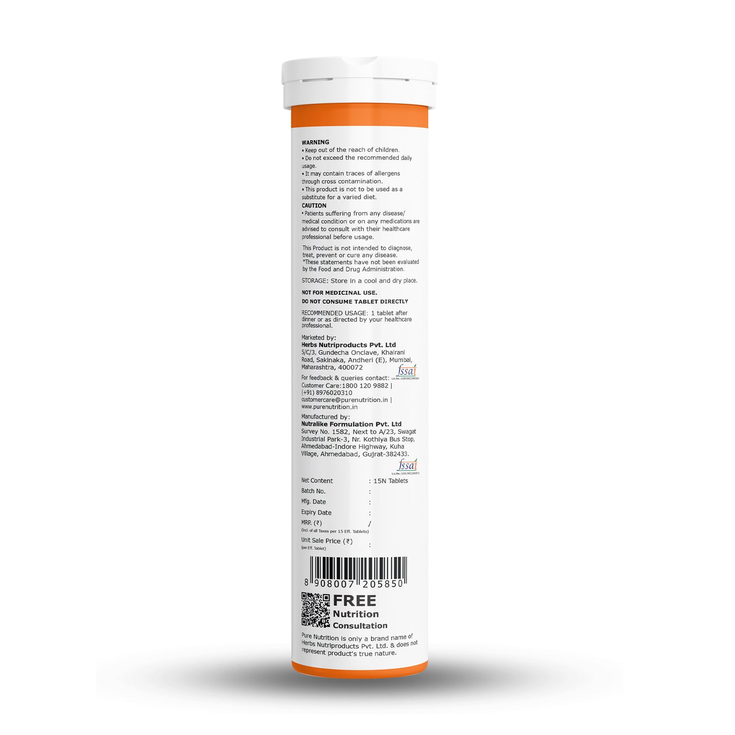Back label of Pure Nutrition Glutathione effervescent tablets showing product information, usage directions, barcode and manufacturer details.