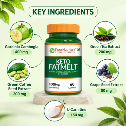 Pure Nutrition Keto Fatmelt key ingredients including Garcinia Cambogia Green Tea Green Coffee Grape Seed and L-Carnitine