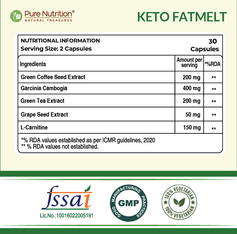 Pure Nutrition Keto Fatmelt nutritional information and ingredient quantities