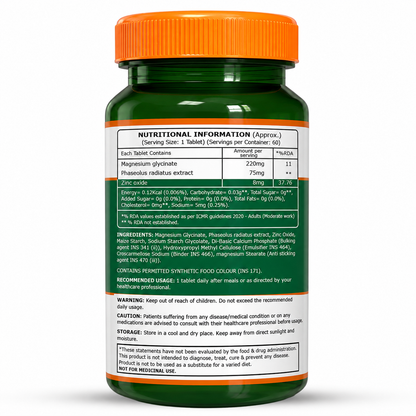 Back label of Pure Nutrition Magnesium Glycinate bottle with full nutritional facts, ingredients, usage instructions, and safety cautions