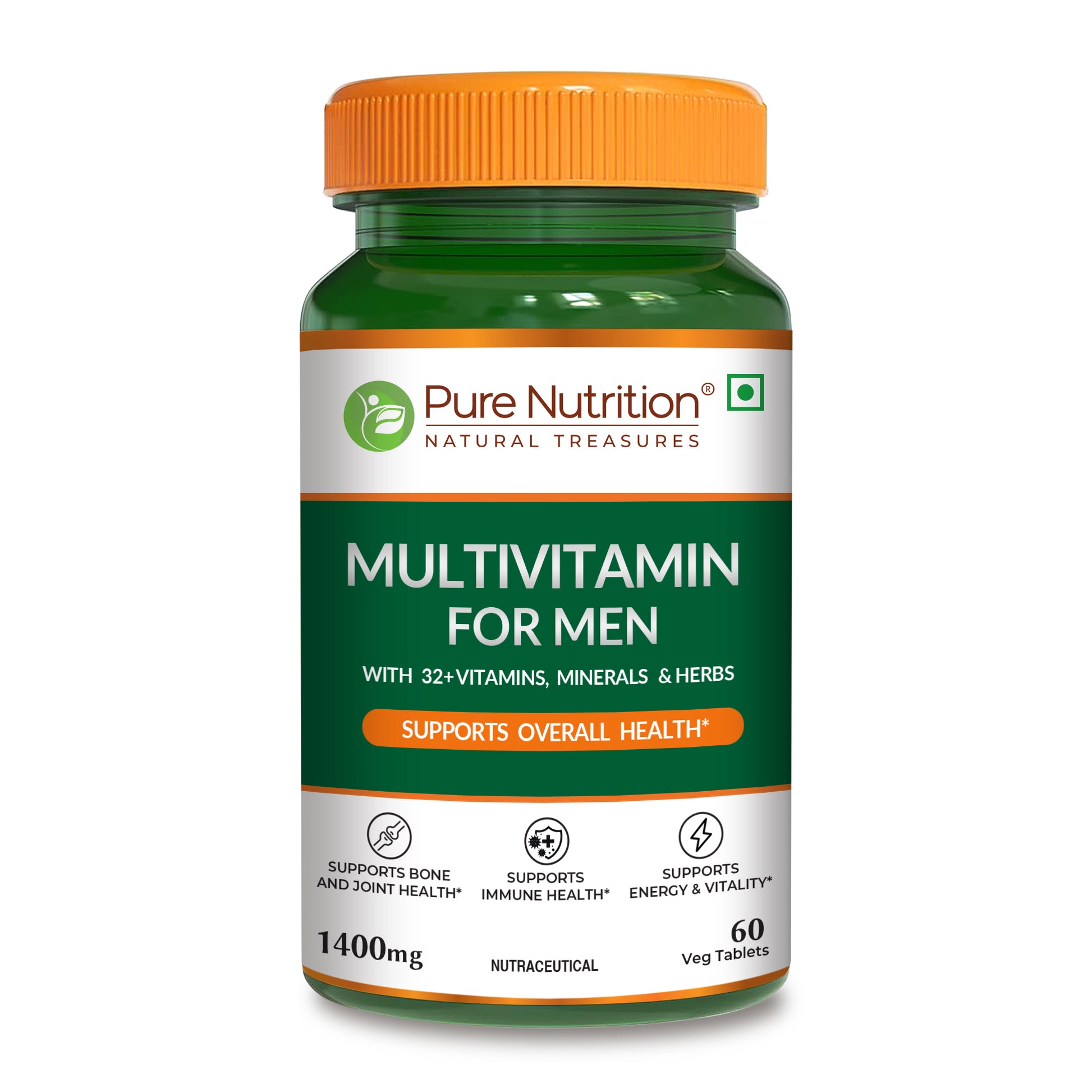 Pure Nutrition Multivitamin for Men with 32 vitamins, minerals and herbs, 60 vegetarian tablets.