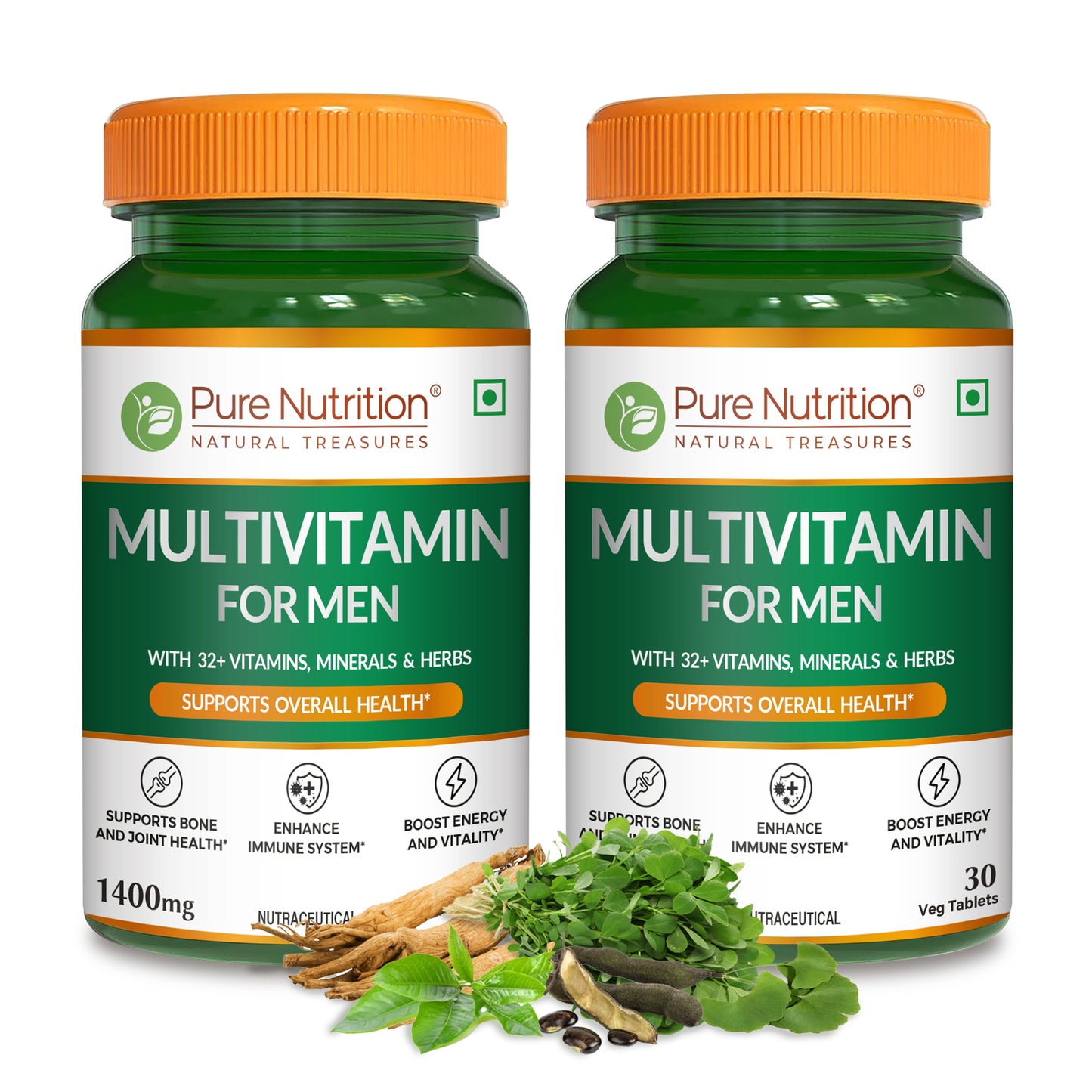 Two bottles of Pure Nutrition Multivitamin for Men with 32+ vitamins, minerals and herbs for daily health support.