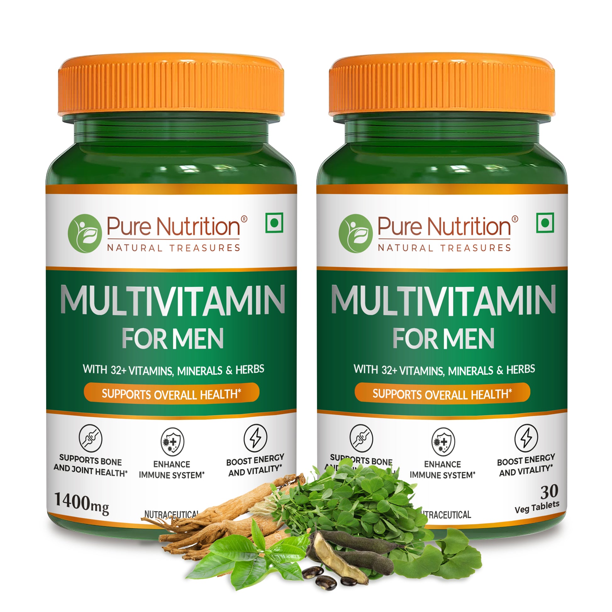 Two bottles of Pure Nutrition Multivitamin for Men with 32+ vitamins, minerals and herbs for daily health support.