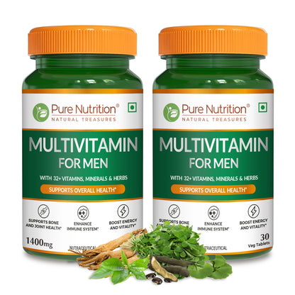 Two bottles of Pure Nutrition Multivitamin for Men with 32+ vitamins, minerals and herbs for daily health support.