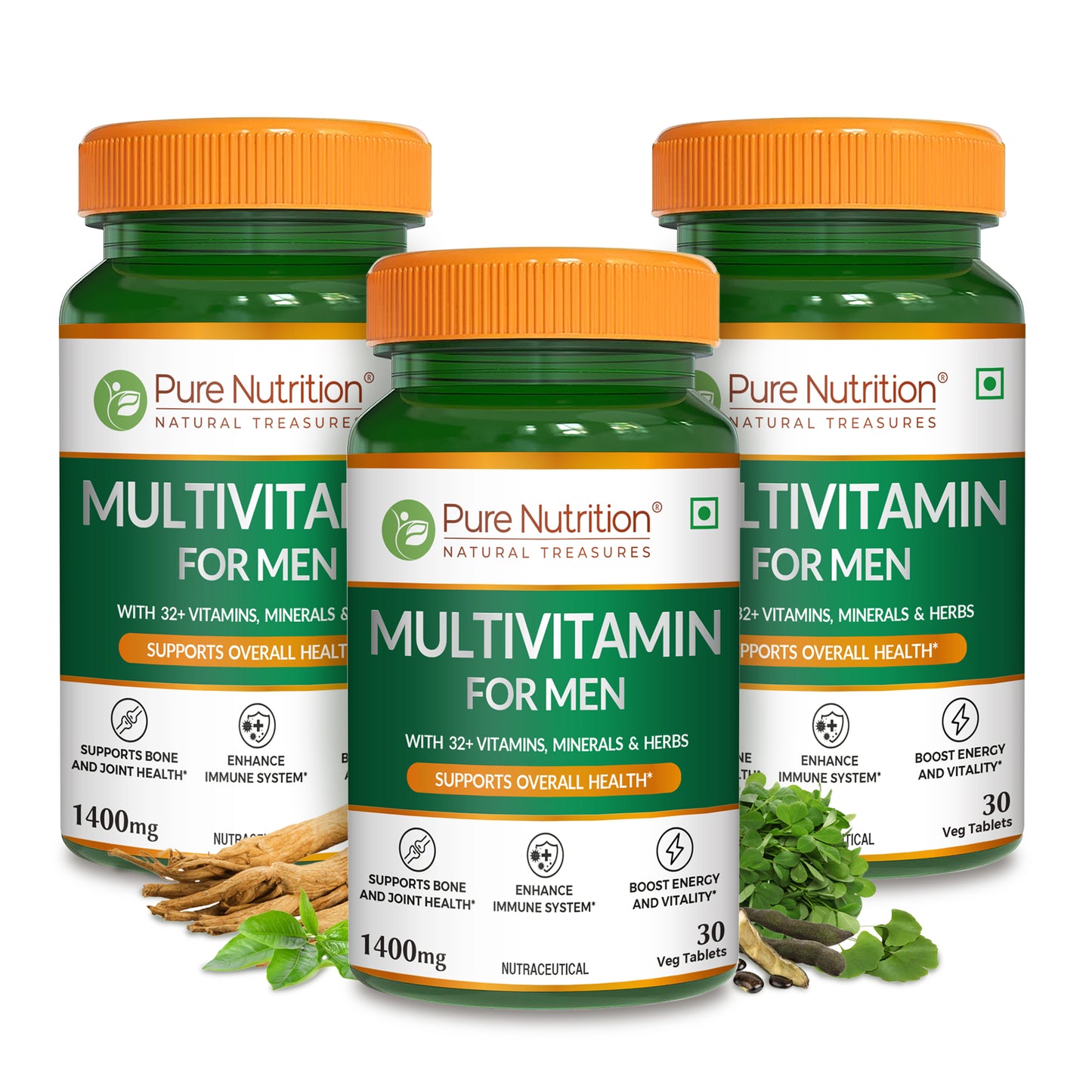 Three bottles of Pure Nutrition Multivitamin for Men formulated to support energy, immunity, bone health and overall wellness.
