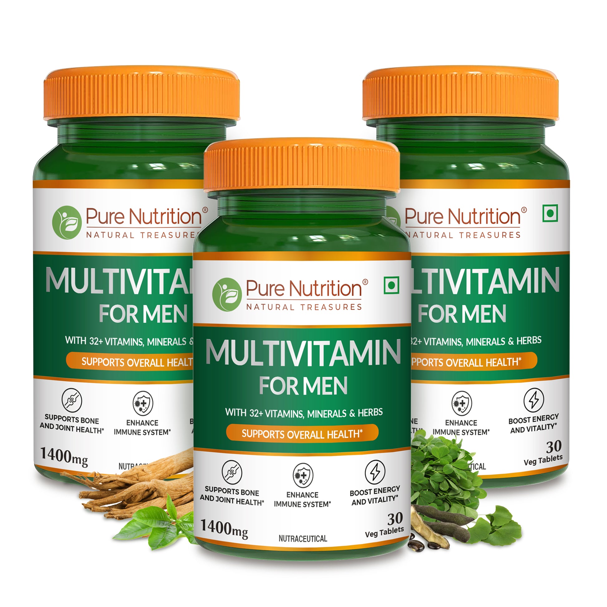 Three bottles of Pure Nutrition Multivitamin for Men formulated to support energy, immunity, bone health and overall wellness.