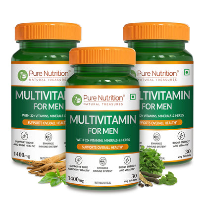 Three bottles of Pure Nutrition Multivitamin for Men formulated to support energy, immunity, bone health and overall wellness.