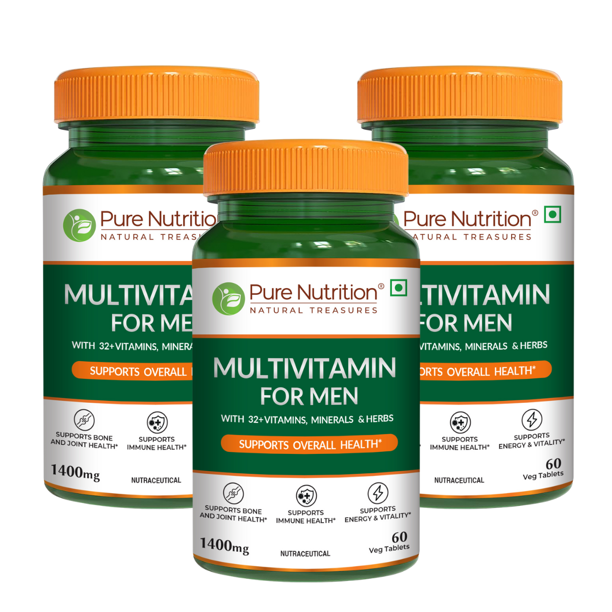 Pack of three Pure Nutrition Multivitamin for Men bottles for daily nutritional support.